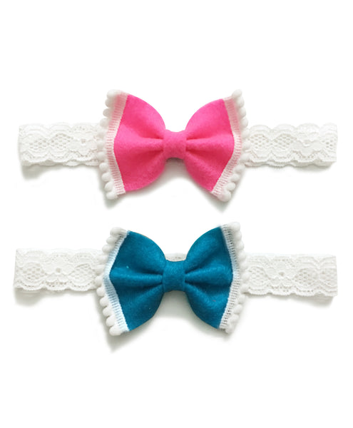 Felt Bow Headbands Set - Neon Pink & Blue