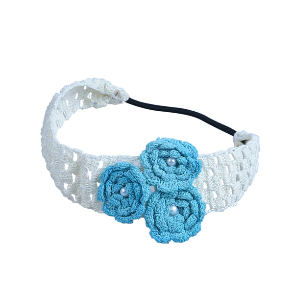 Handmade Crochet Headband With Crochet Flowers - Blue