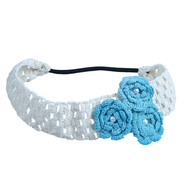 Handmade Crochet Headband With Crochet Flowers - Blue