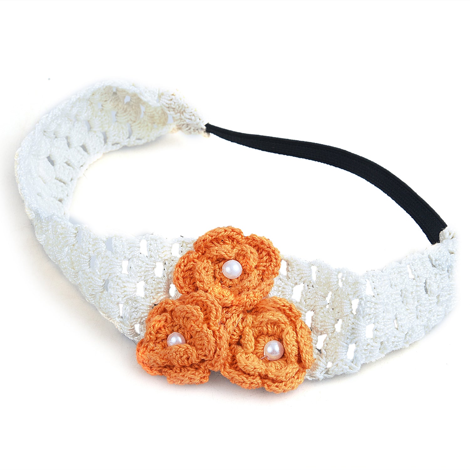 Handmade Crochet Headband With Crochet Flowers - Orange