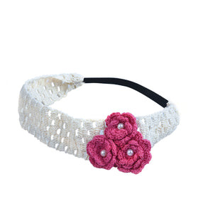 Handmade Crochet Headband With Crochet Flowers - Pink