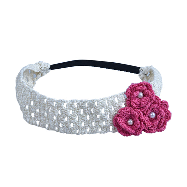 Handmade Crochet Headband With Crochet Flowers - Pink