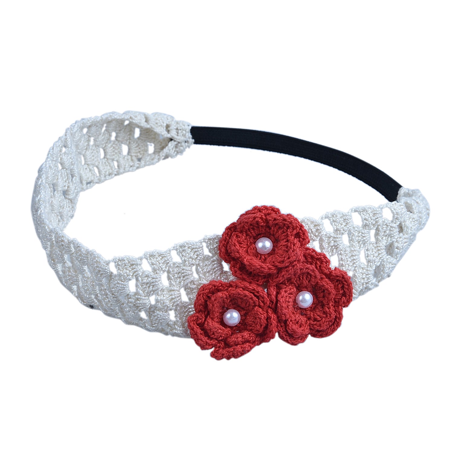 Handmade Crochet Headband With Crochet Flowers - Red
