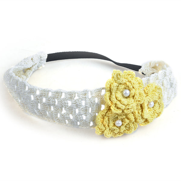 Handmade Crochet Headband With Crochet Flowers - Yellow