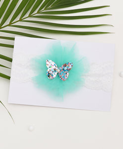 Glitter Butterfly on Pom Pom Headband - Light Blue