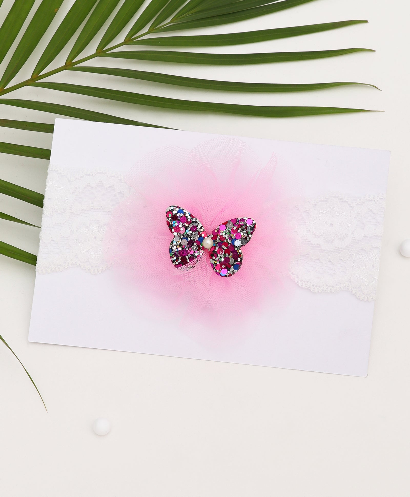 Glitter Butterfly on Pom Pom Headband - Light Pink