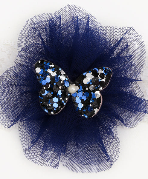 Glitter Butterfly on Pom Pom Headband - Dark Blue