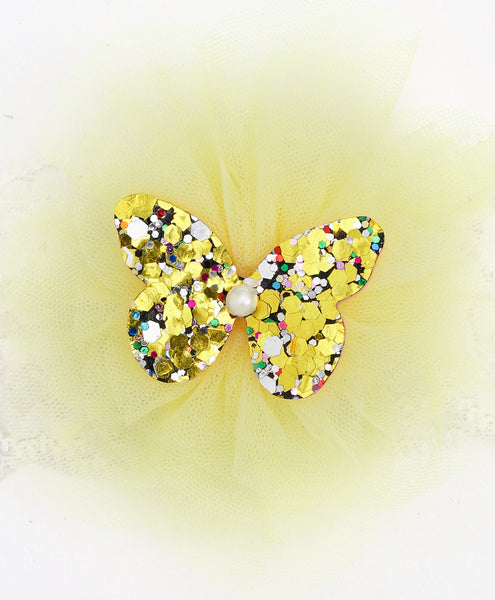 Glitter Butterfly on Pom Pom Headband - Yellow