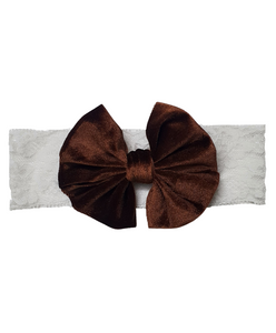 Velvet Big Bow Lace Headband- Brown