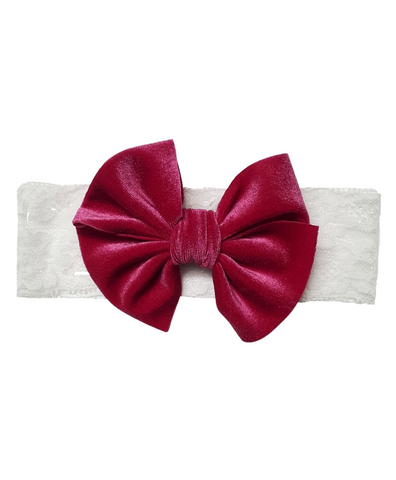 Velvet Big Bow Lace Headband- Dark Pink