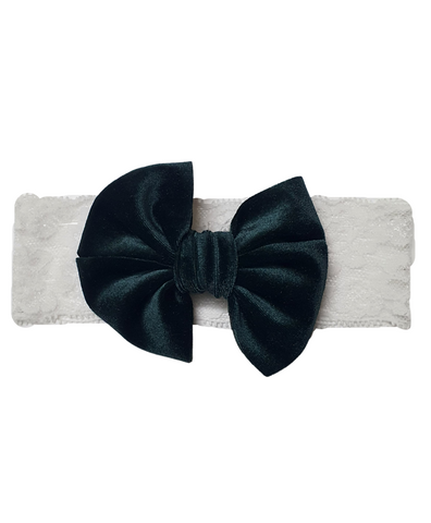 Velvet Big Bow Lace Headband- Forest Green