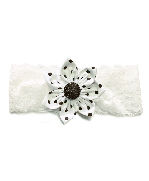 Polka Dots Big Flower Hairband - White