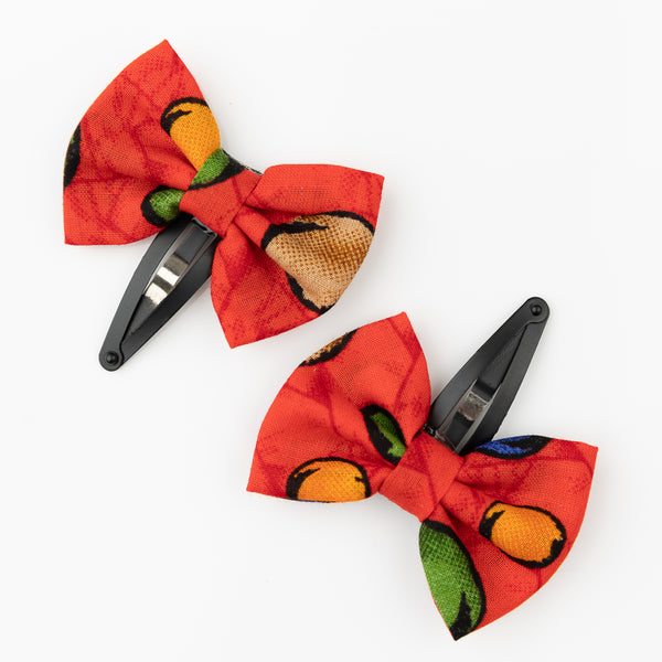 Floral Bow Hair Clip Set- Red
