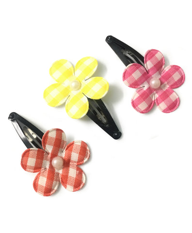 Checkered Flower Hair Clips (Set of 3) - Red Yellow & Pink