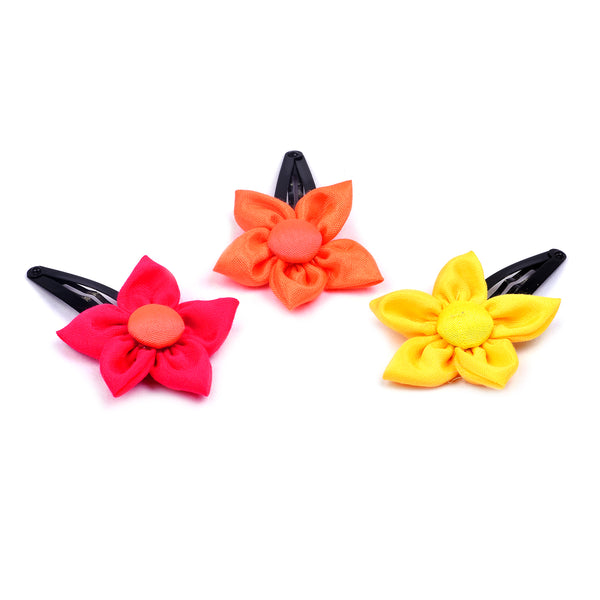 Handmade Flower Hair Clips Set - Pink Orange & Yellow
