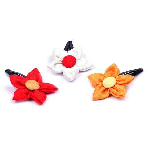 Handmade Flower Hair Clips Set - Red White & Mustard