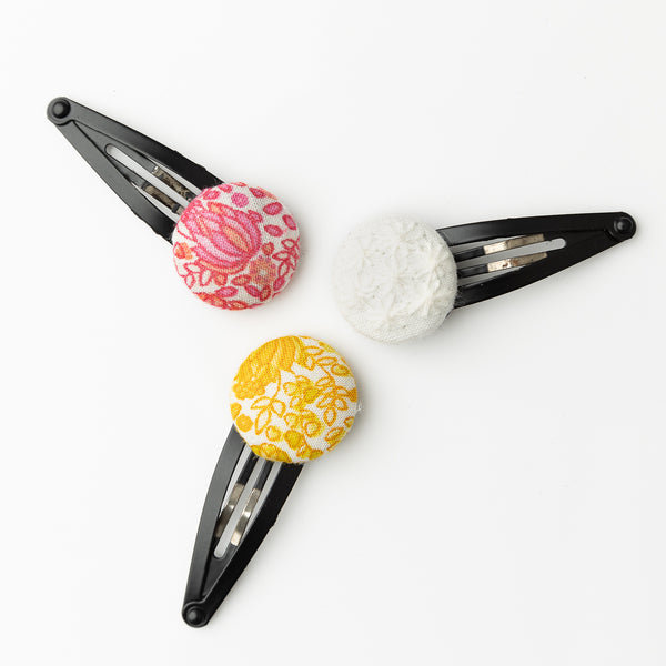 Floral Button Hair Clip Set- Pink, Yellow & White