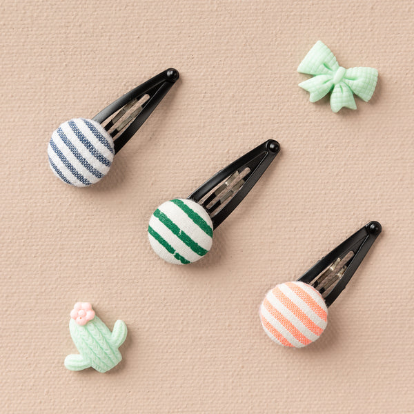 Striped Button Hair Clip Set- Blue, Green & Orange