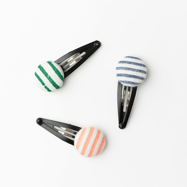 Striped Button Hair Clip Set- Blue, Green & Orange