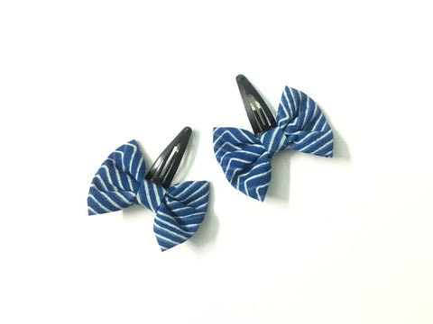 Striped Tiny Bow Hair Clips - Dark Blue
