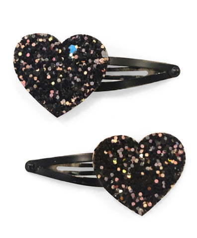 Glitter Heart Hair Clips - Black