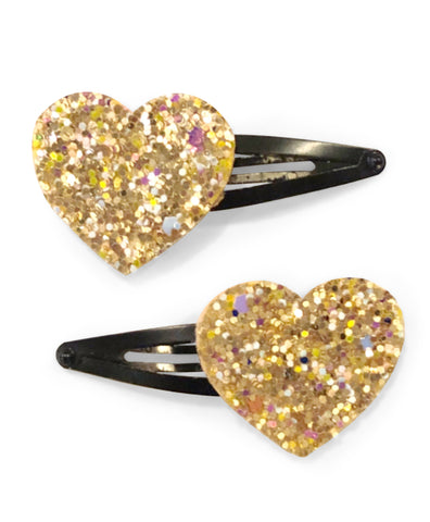 Glitter Heart Hair Clips - Golden