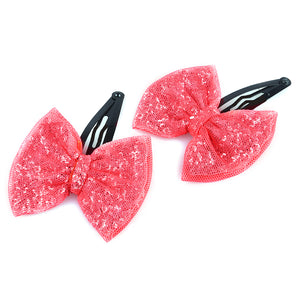 Glitter Sequin Bow Hair Clip - Neon Pink