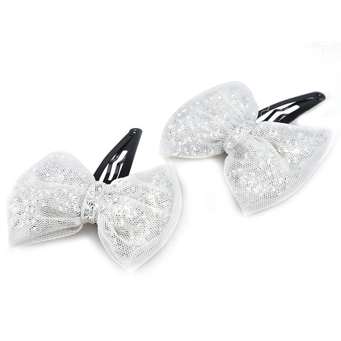 Glitter Sequin Bow Hair Clip - Silver