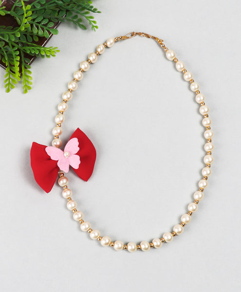 Off-white Pearl Necklace with Red Bow