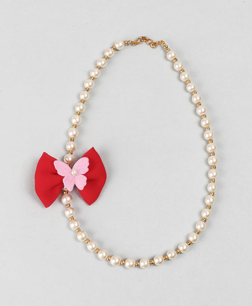Off-white Pearl Necklace with Red Bow