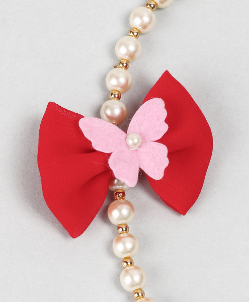 Off-white Pearl Necklace with Red Bow