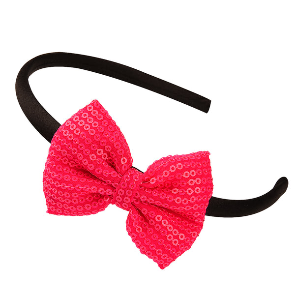 Sequinned Bow Hair Band - Neon Pink
