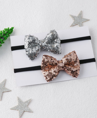 Sequin Party Bow Headband Set - Rose Gold & Silver