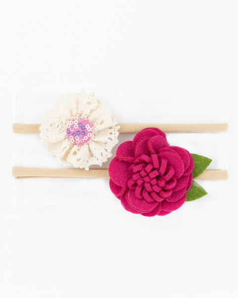 Felt & Lace Flower Baby Headband Set- Dark Pink & White