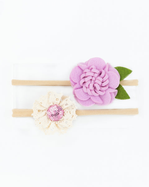 Felt & Lace Flower Baby Headband Set- Lavender & White