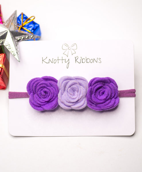 Felt Three Rose Newborn Headband - Purple