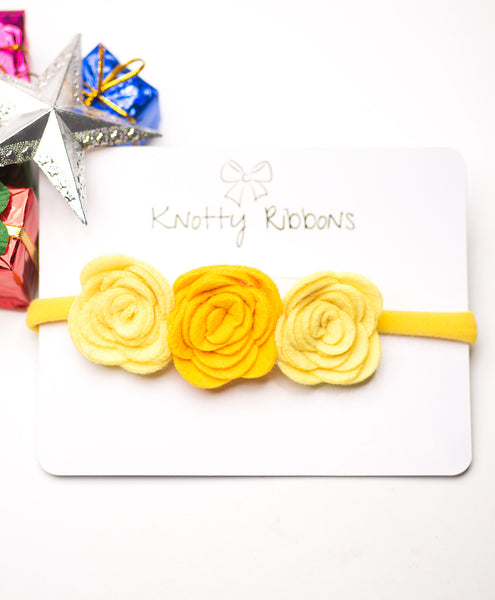 Felt Three Rose Newborn Headband - Yellow