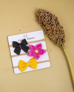 Flower & Bow Headband Set - Black, Light Pink & Yellow