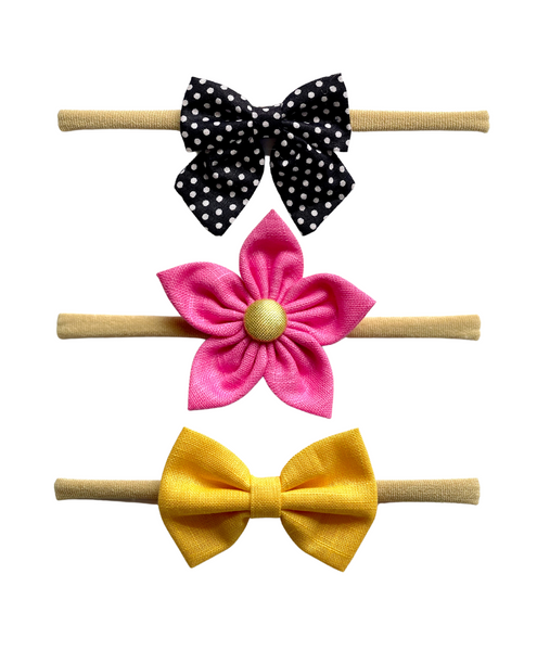 Flower & Bow Headband Set - Black, Light Pink & Yellow
