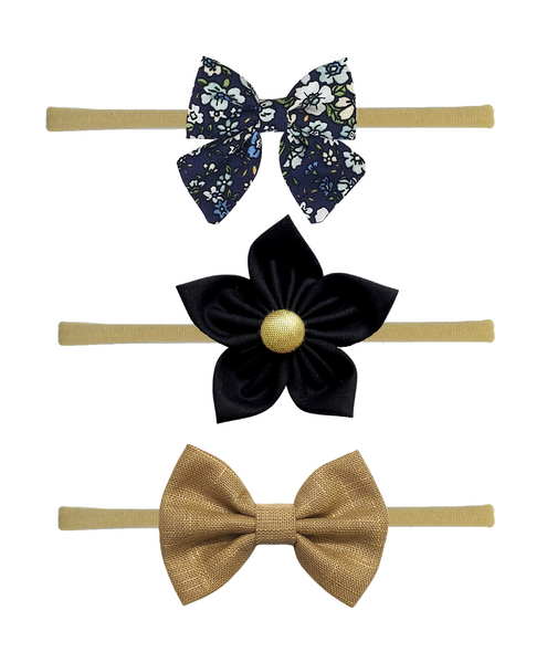 Flower & Bow Headband Set - Dark Blue, Black & Khaki