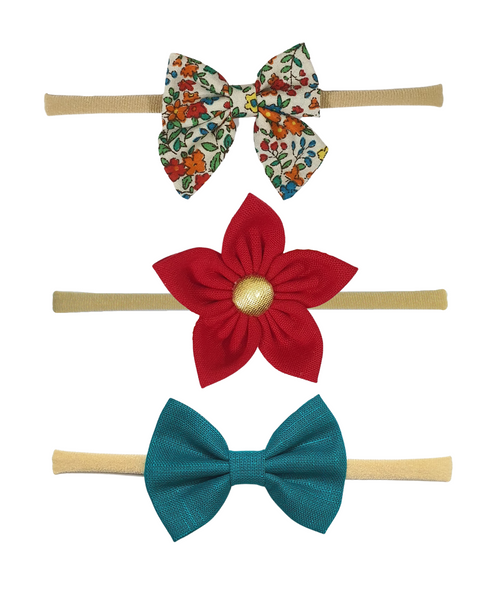 Flower & Bow Headband Set - Red & Blue