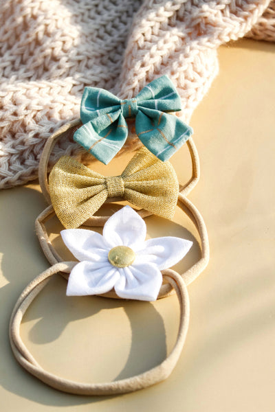 Flower & Bow Headband Set - White & Golden