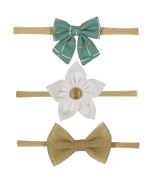 Flower & Bow Headband Set - White & Golden