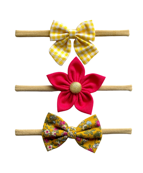 Flower & Bow Headband Set - Yellow ,Dark Pink & Mustard