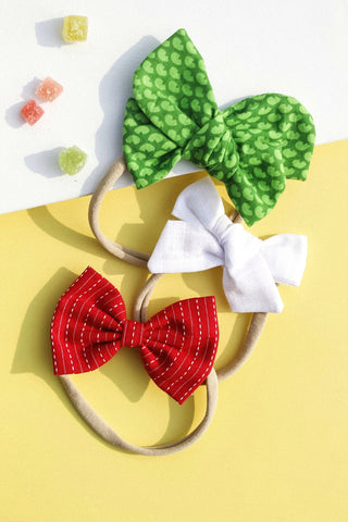 Knotted & Classic Bow Headband Set- Parrot Green, White & Red