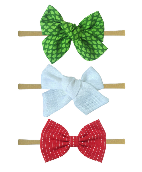 Knotted & Classic Bow Headband Set- Parrot Green, White & Red
