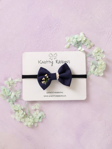 Embroidered Bow Headband- Dark Blue