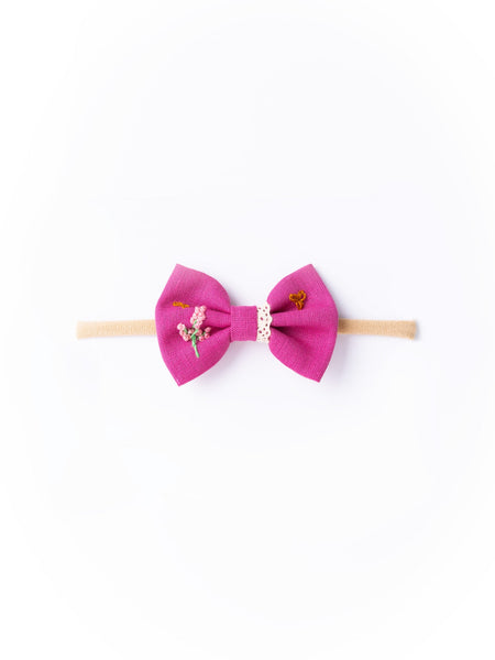Embroidered Bow Headband- Pink
