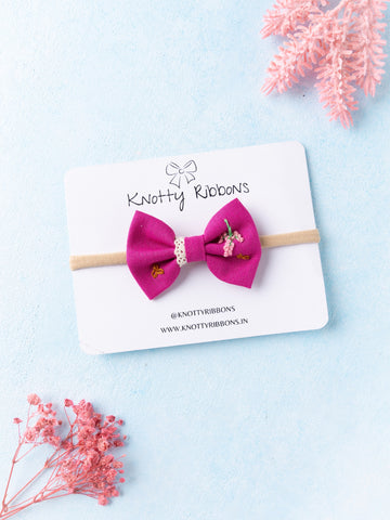 Embroidered Bow Headband- Pink