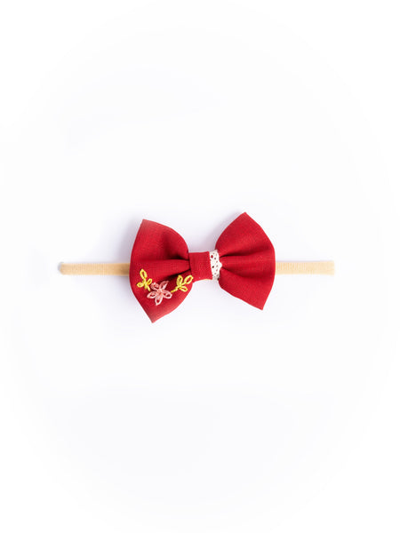 Embroidered Bow Headband- Red
